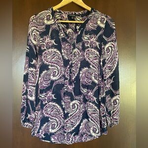 Lucky Brand (100% Silk ?) Long Sleeve Half Button Purple Paisley On Navy